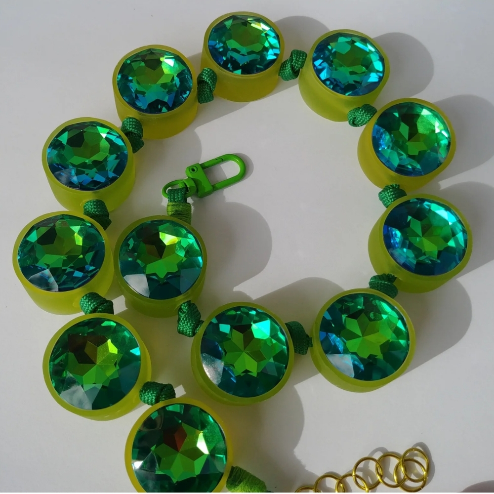 Handmade Crystal Necklace Color Shifting Lime Emerald Bright Kelly Green